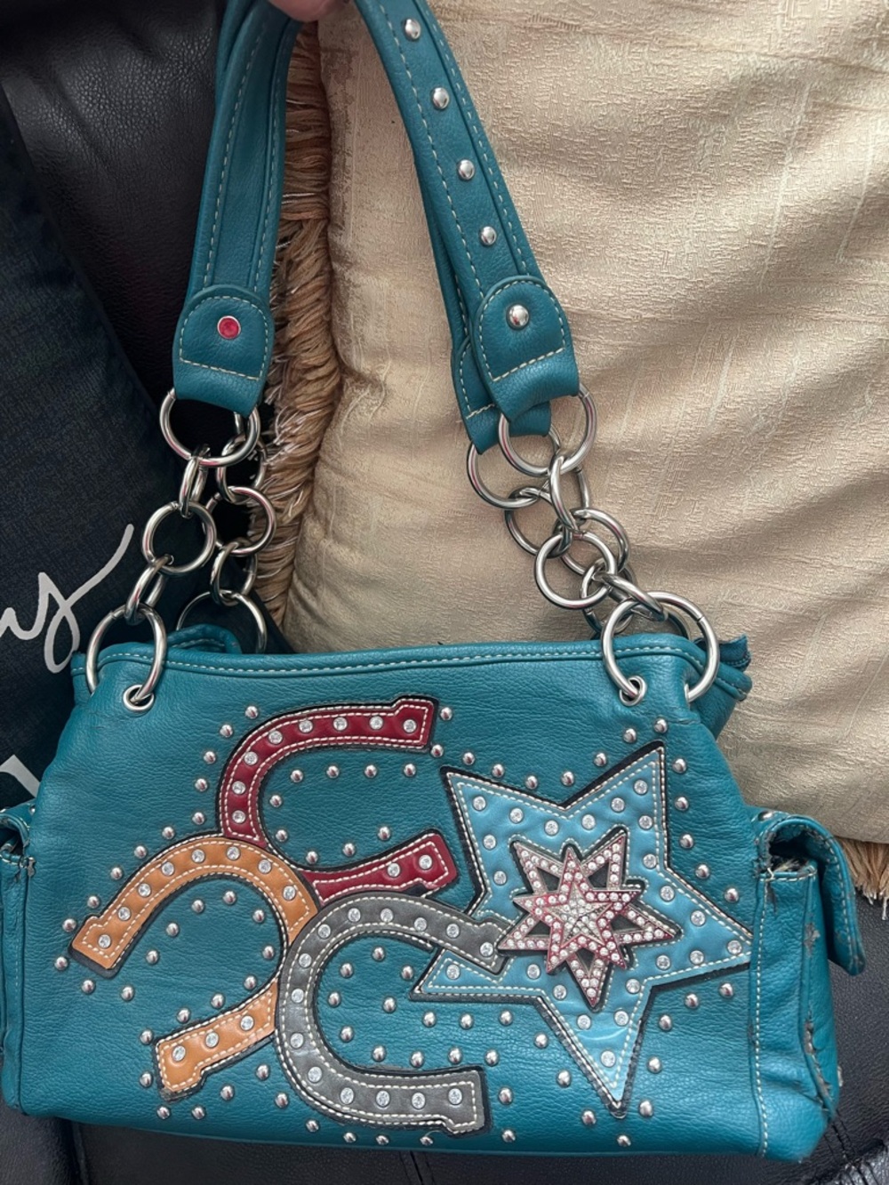 Teal Studded Star Accent Shoulder Bag